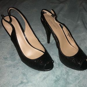 Black Glitter Peep Toe Pumps